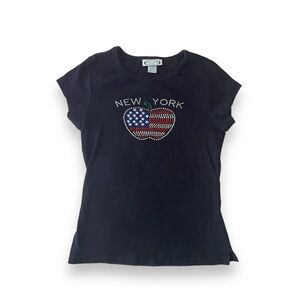 Vintage Y2K Black New York City Big Apple Heart Rhinestone Baby Tee Size Small
